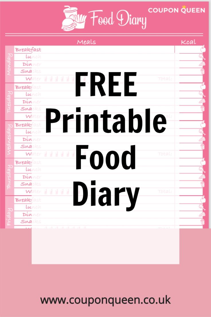 the free printable food diary is shown in pink and white with black lettering on it