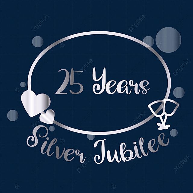 the 25 years silver jubilee logo with bubbles and hearts on a dark blue background, surrounded by bubbles