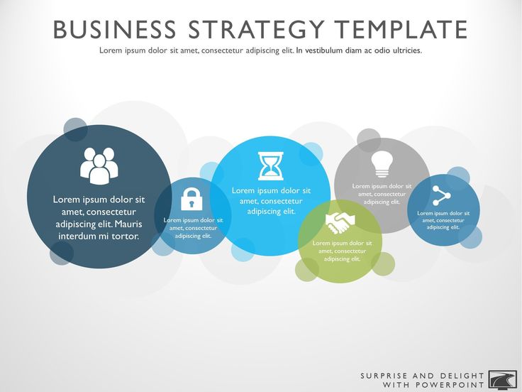 the business strategy template is shown in blue, green and gray circles with icons on them