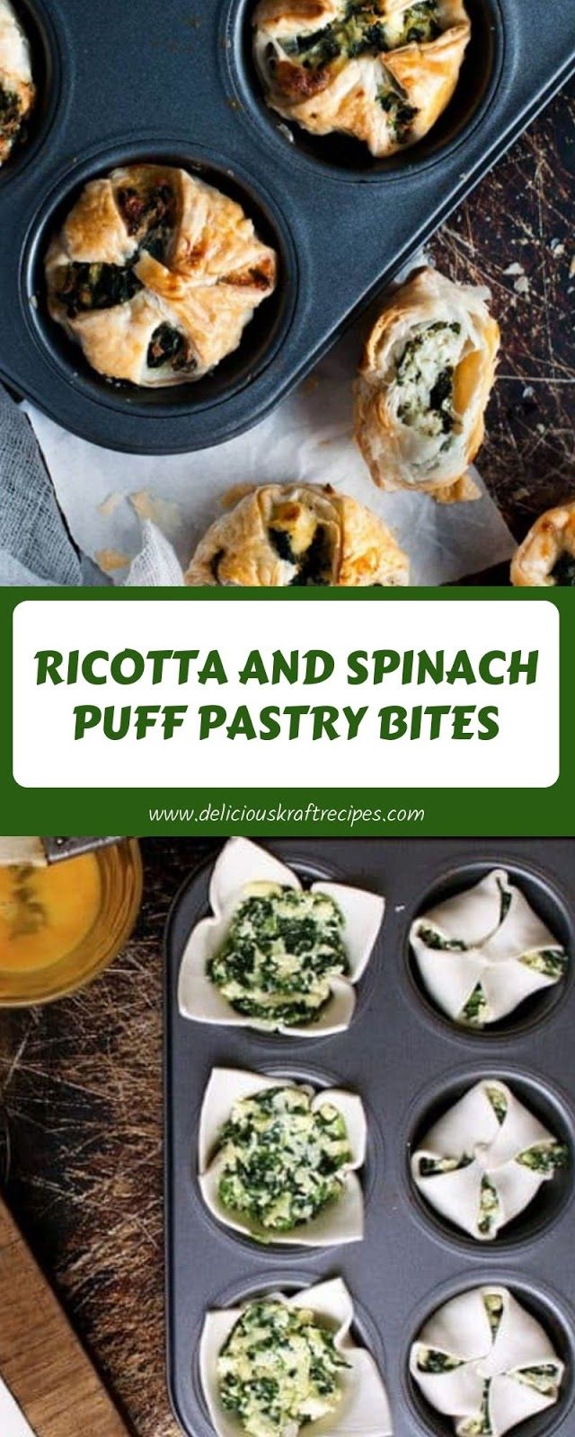 the recipe for ricotta and spinach puff pastry bites is in a muffin tin