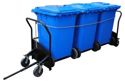 three blue bins with wheels on each side and two black containers on the other