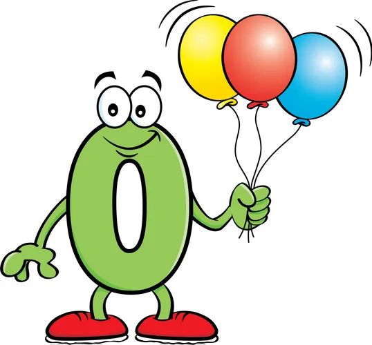 a cartoon number 0 holding two balloons