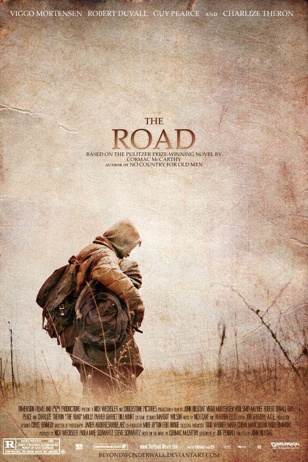 a movie poster for the road with an image of a man walking through a field