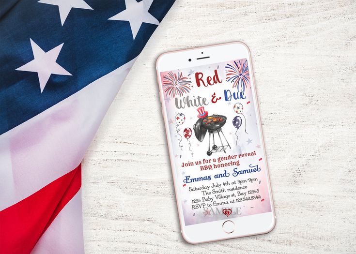 a cell phone sitting on top of a table next to an american flag and the words red, white and blue