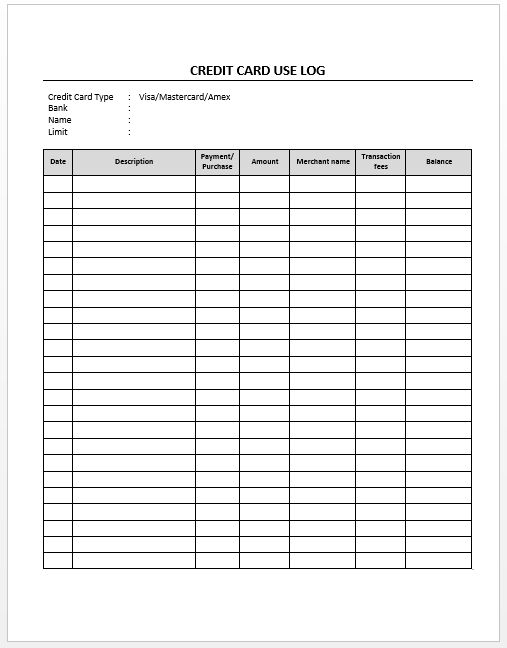 Printable Credit Card Log Template