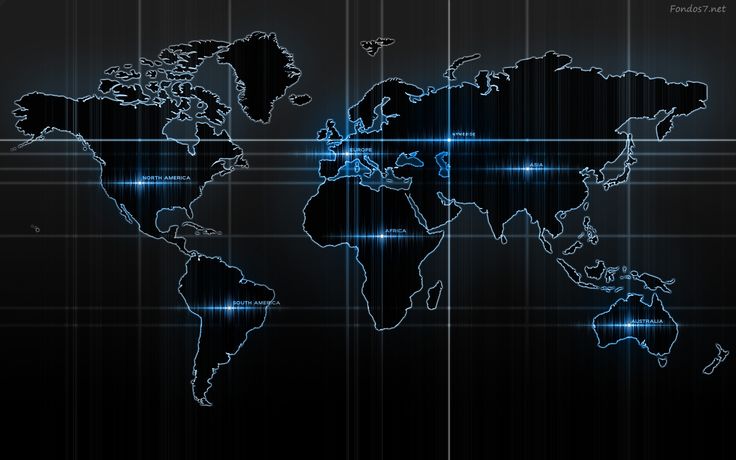 the world map is shown on a black background with blue lights and lines around it