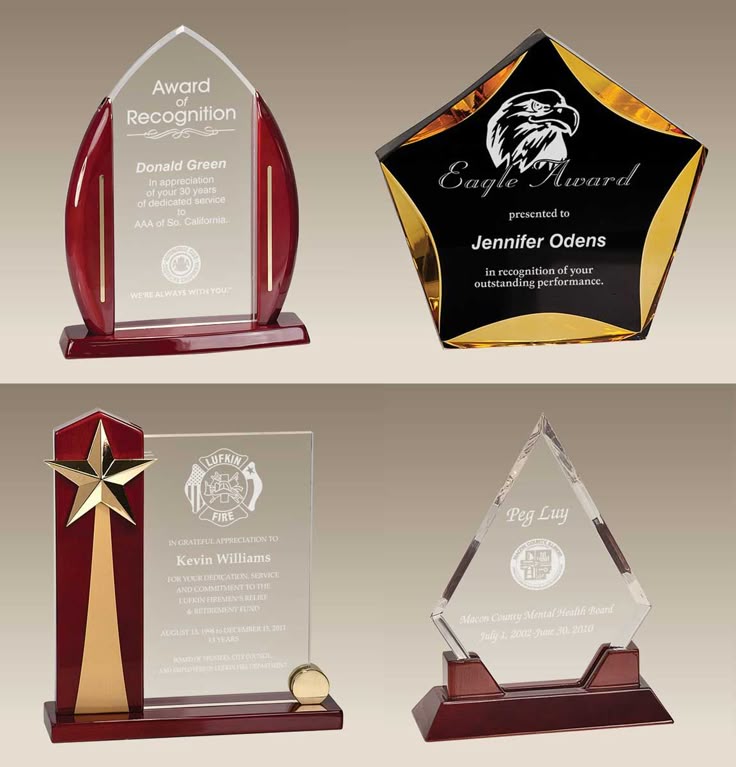 three awards are shown with one trophy and the other is an award for excellence in business