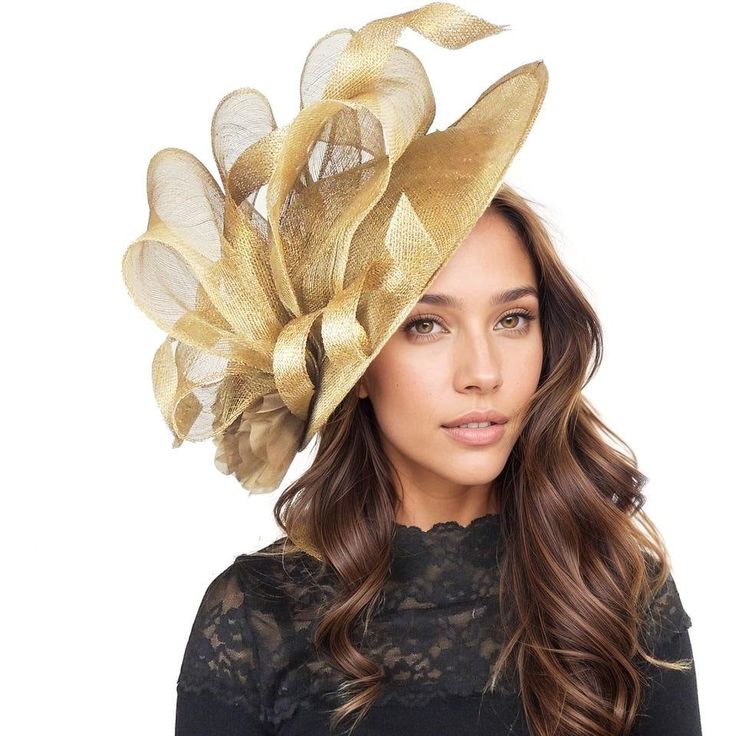 Hats By Cressida Kentucky Derby & Ascot Fascinator Hats Metallic Gold Saratoga Sinamay Curls & Flower Fascinator Hat Beautiful sinamay base with sinamay curls and chiffon flower Base measures about 12 inches wide with feathers Mounted with a matching headband. If you prefer a headband to match your hair, please make a note at check out what colour headband you want. Get ready for a day at the races with the stunning Saratoga Fascinator Hat! Whether you're headed to the Kentucky Derby or Royal Ascot, this hatinator will elevate your outfit to a whole new level of sophisticated glamour. Featuring gorgeous sinamay curls and a pretty chiffon flower, this piece is perfect for any woman looking for a stylish and elegant addition to her formal wardrobe. Whether you're the mother of the bride or a Gold Costume Hats For Spring Wedding, Gold Costume Hats And Headpieces For Spring Wedding, Gold Short Brim Fascinator For Summer, Gold Wide Brim Fascinator For Summer, Gold Summer Church Fascinator, Gold Short Brim Summer Fascinator, Adjustable Hats For Church Carnival, Gold Hair Accessories For Spring Wedding, Elegant Carnival Hat Headpiece