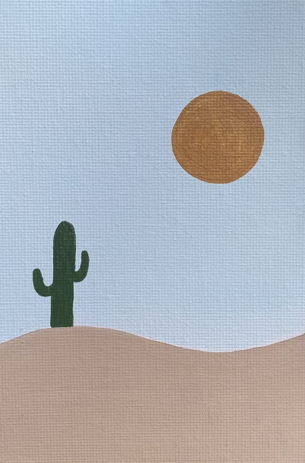 a painting of a cactus and a sun in the sky