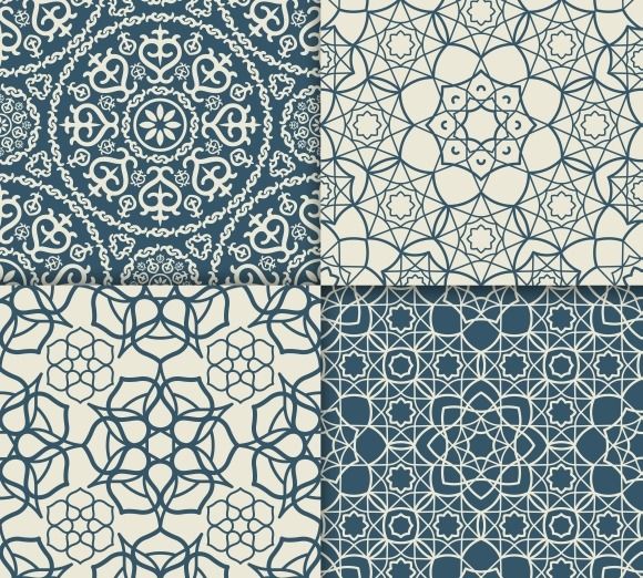 a set of four seamless patterns in blue and white colors for wallpapers