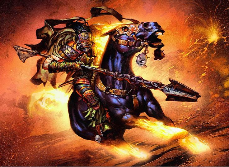 a man riding on the back of a horse in front of a fire filled sky