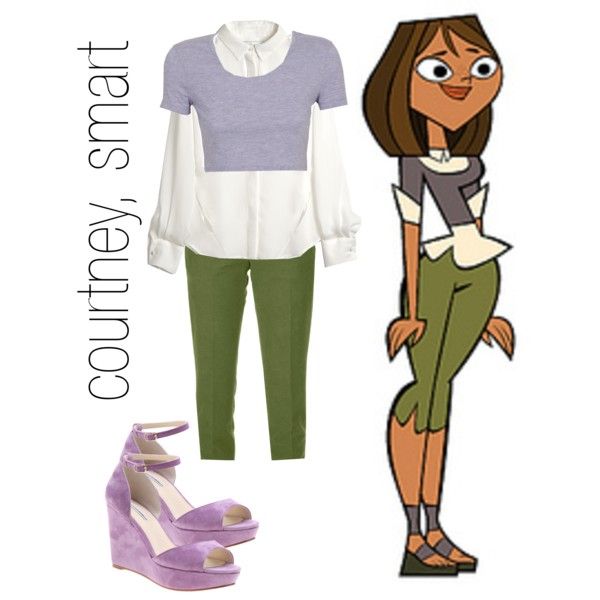 the cartoon character is wearing green pants and white shirt with purple shoes, while she has her hand on her hips