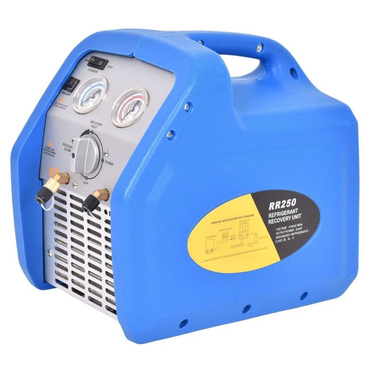 the portable air compressorer is blue and has two gauges on it's side