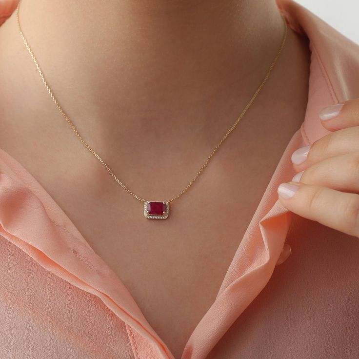 14k Ruby and Diamond Necklace / Solid Gold Necklace with Ruby / Emerald Cut Natural Ruby Necklace / Octagon Ruby Gold and Diamond Necklace ✔ Handmade ✔ Natural Diamond and Ruby ✔ Total Carat Weight of Diamonds: 0.09 ✔ Carat Weight of Ruby: 1.15ct ✔ Dimensions of Setting: 9x7mm Worldwide DHL shipping now available 1-3 business days NOW USING ITALIAN TRIGGER LOBSTER CLASPS Available 14K Solid White, Solid Yellow, Solid Rose Gold 🛠 All Sarah Elise pieces are handcrafted to order, please allow 4 - Red Ruby Gemstone Necklaces, Red Ruby Gemstone Necklace, Luxury Red Jewelry With Gemstone Accents, Fine Jewelry Red Ruby Necklace, Red Ruby Necklace With Gemstone Accents, Red Ruby Birthstone Necklaces, Fine Jewelry With Lab-created Ruby In Yellow Gold, Exquisite Red Necklace For Gift, Yellow Gold Jewelry With Lab-created Ruby