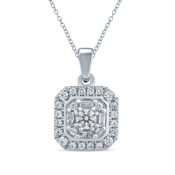 Glimmering with an intriguing array of diamonds, this striking pendant is designed to delight. Crafted in cool 10K white gold, this sparkling octagon-shaped look features round and baguette-cut diamonds in a glittering pattern. Two frames - one polished and one shimmering with round diamonds - border the style. Radiant with 1/4 ct. t.w. of diamonds and a bright polished shine, this charming pendant suspends along an 18.0-inch rope chain that secures with a spring-ring clasp. Luxury Diamond Necklace With Octagon Diamond Accents, Octagon Brilliant Cut Diamond Jewelry, Luxury Octagon Diamond Necklace With Diamond Accents, Luxury Octagon Diamond Necklace With Accents, Octagon Diamond Jewelry In Diamond White, White Diamond Octagon Jewelry, Octagon-shaped Diamond Jewelry In Diamond White, Octagon Brilliant Cut Diamond Necklace Gift, Octagon Brilliant Cut Diamond Necklace For Gift