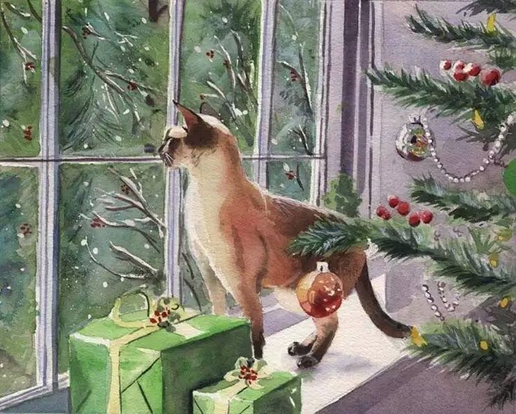 a painting of a cat standing on a window sill with presents under the tree