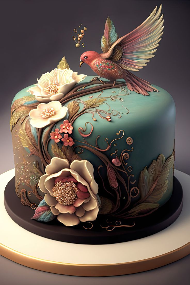 the cake is decorated with flowers and birds on it's sides, as well as an elaborately painted bird