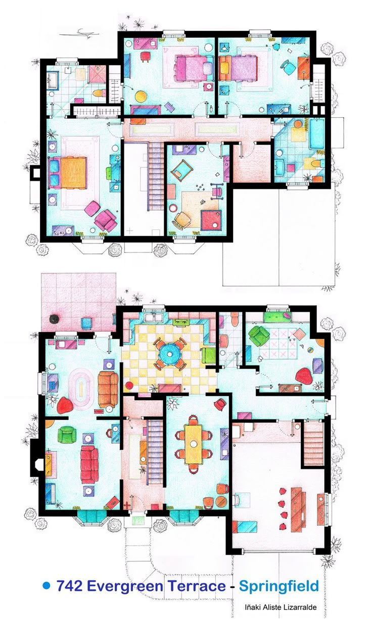 two floor plans for a house with different rooms and furniture on each level, including the second