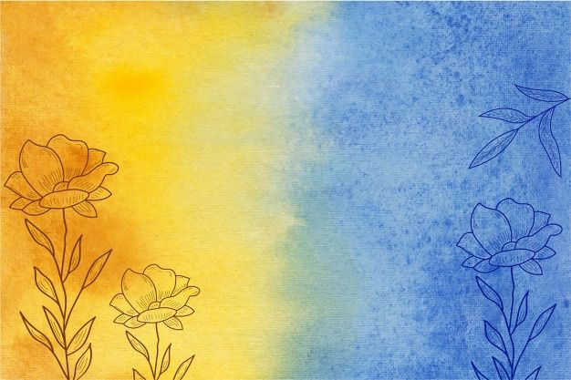 Yellow and Blue Watercolor Background with Hand Drawn Flowers