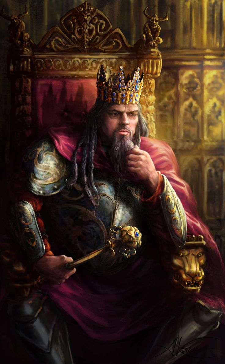 a painting of a man wearing a crown sitting in a chair