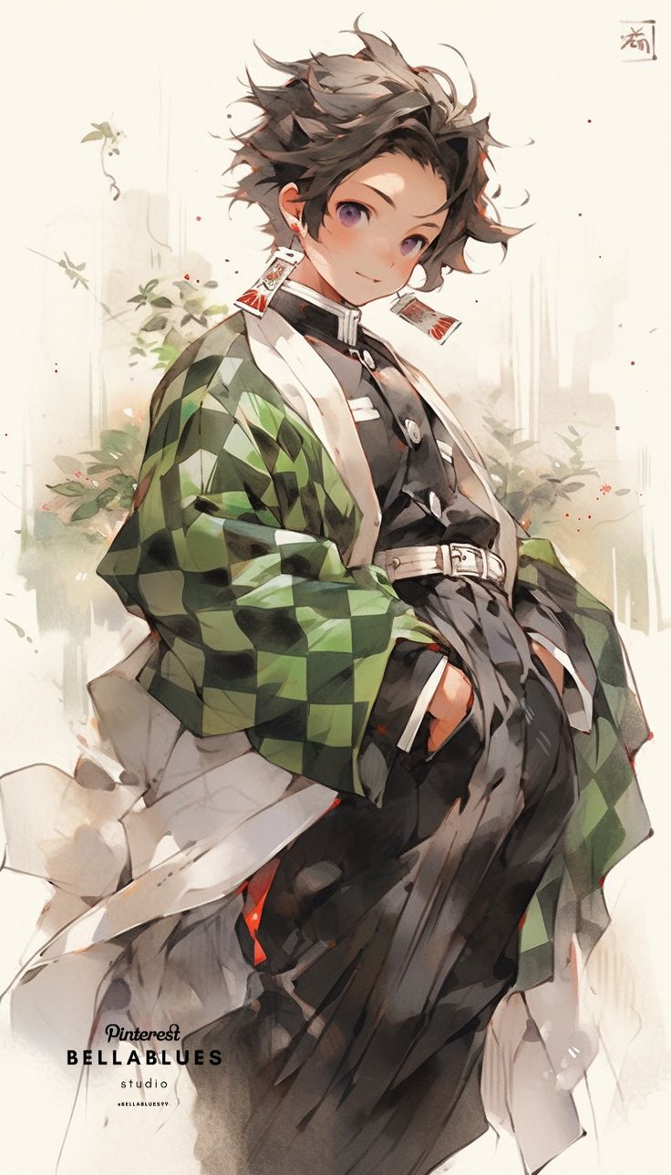 an anime character with black hair wearing a green checkered coat and holding a camera