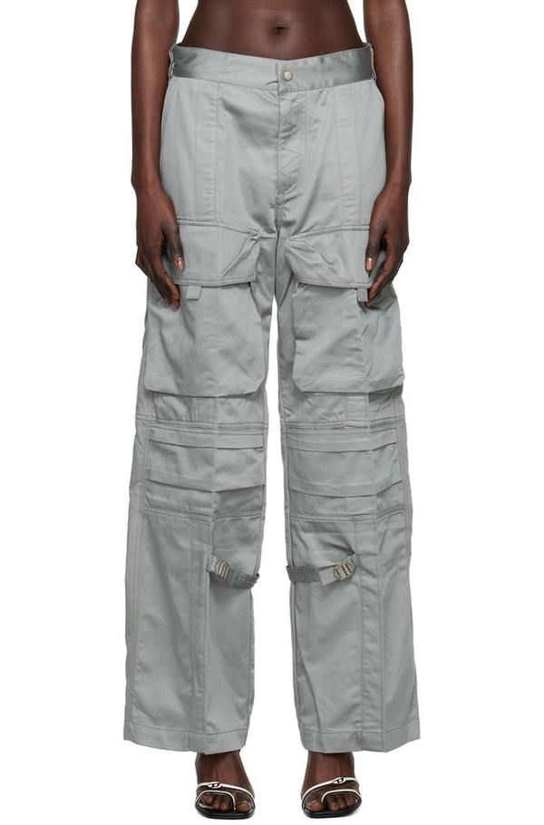 Cotton and rayon-blend satin trousers.  - paneled construction  - eight-pocket styling  - zip-fly  - logo embroidered at front leg  - cinch strap at inseams  - contrast stitching in orange supplier color: grey Tomorrow Land, Diesel Clothing, Fly Logo, Satin Trousers, Black Wide Leg Pants, Street Style Trends, Style Trends, Grey Pants, Contrast Stitch