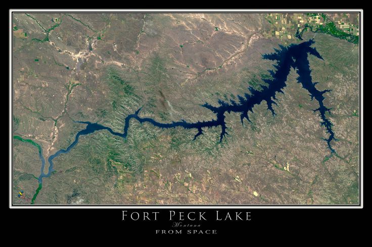 an aerial view of fort peck lake and the surrounding area from space, as well as text that reads fort peck lake