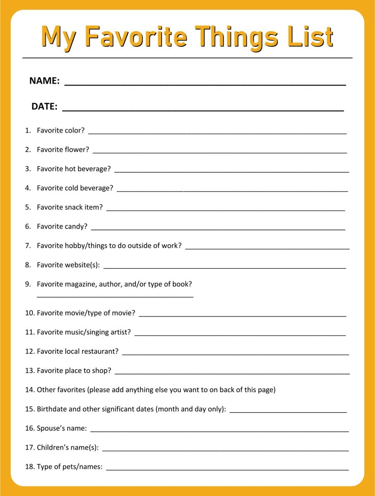 the favorite things list is shown in this printable worksheet for kids to do