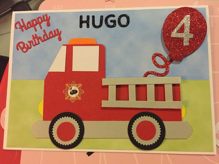 a happy birthday card with a red truck and number four on the front that says hug