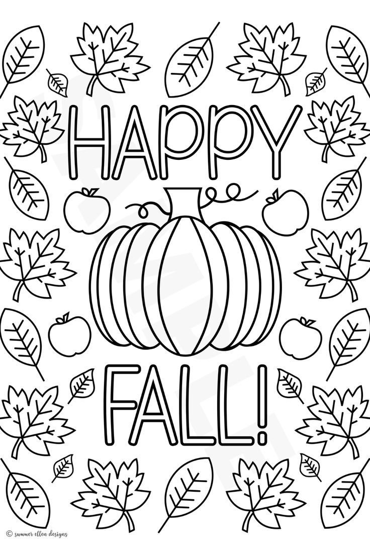 happy fall coloring page with leaves and acorns