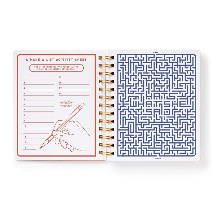 a notebook with an activity sheet inside and a hand holding a pen in the middle