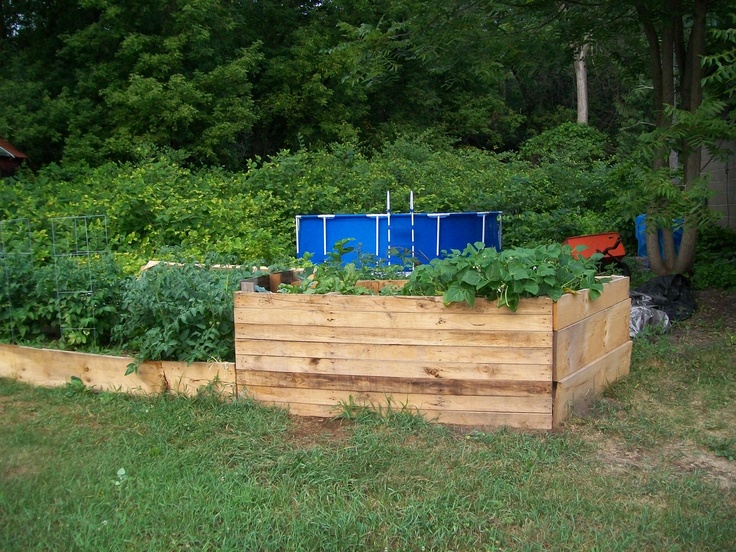 an outdoor garden area with raised wooden planters