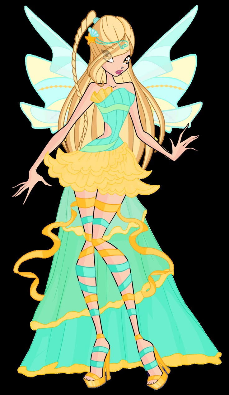 a girl in a green and yellow dress with wings on her head, standing next to a