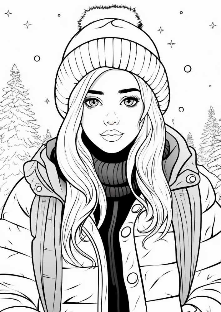 a girl with long hair wearing a winter hat and jacket