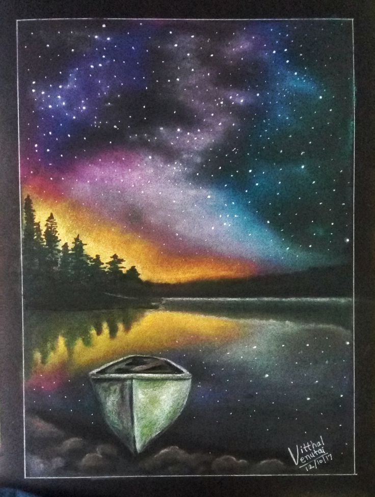 a painting of a boat in the water under a night sky with stars and clouds