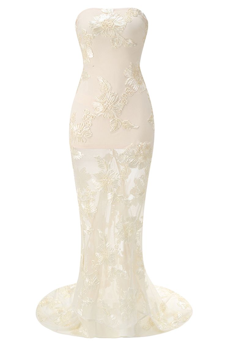 Chic Beige Evening Dress With Fitted Bodice, Cream Dress With Sheer Bodice For Evening, Chic Cream Evening Dress For Wedding, Chic Cream Wedding Evening Dress, Fitted Cream Maxi Dress, Fitted Beige Prom Dress, Chic Off-white Midi Dress For Wedding, Cream Dresses With Fitted Bodice For Evening, Elegant Cream Dress With Sheer Bodice