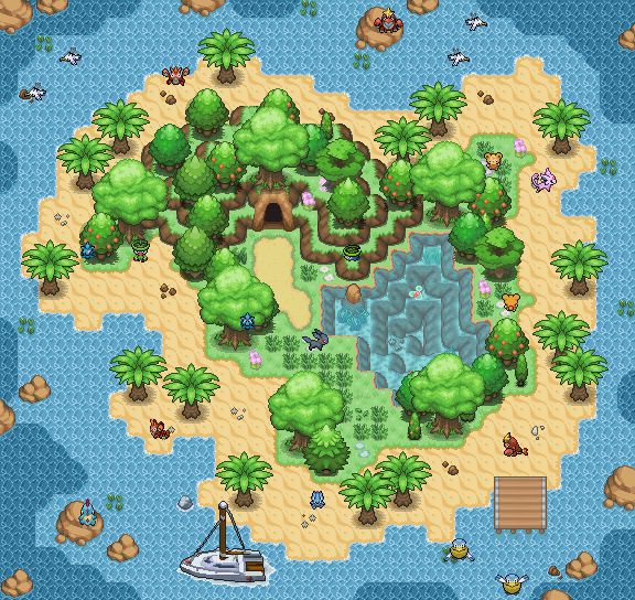 an island with trees and water in the middle