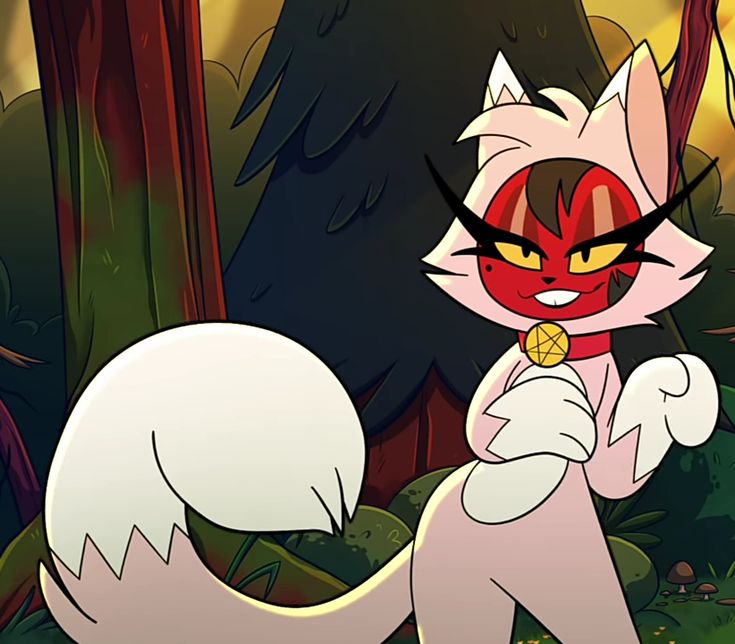 a cartoon cat with yellow eyes and red nose standing in the woods next to trees