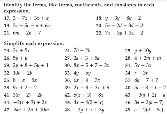 the worksheet for adding and subming expressions to an expression with numbers in order