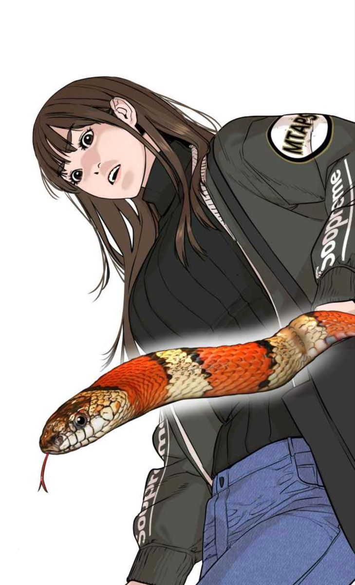 a woman with a snake on her arm and an orange snake on her arm,