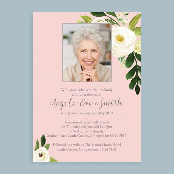 Pink & Cream Flowers Funeral / Memorial Announcement Cards | Flower ...