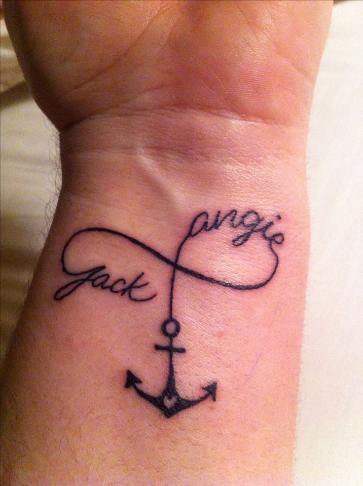 an anchor tattoo on the wrist that says, love and faith with an arrow in it