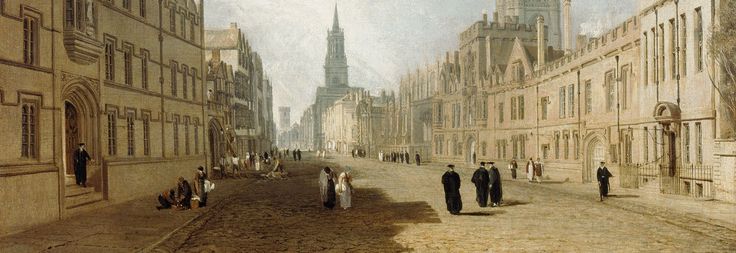 an old painting of people walking down the street in front of buildings and spires