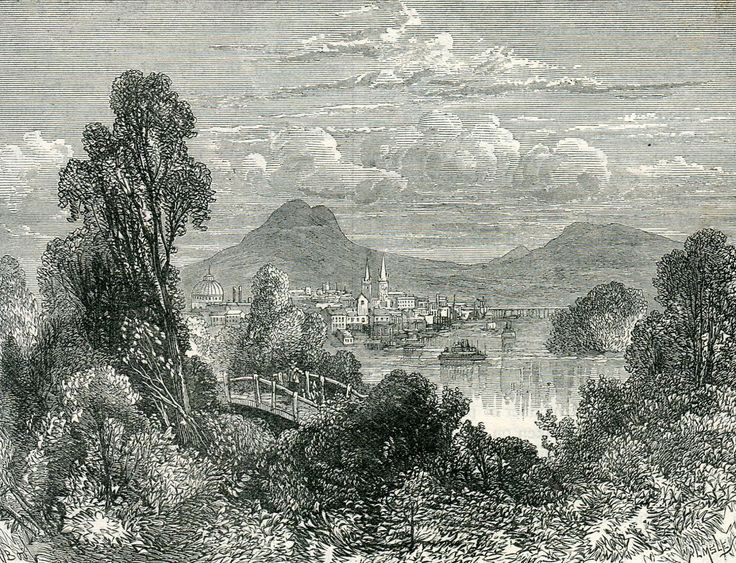 an old drawing of a lake with mountains in the background