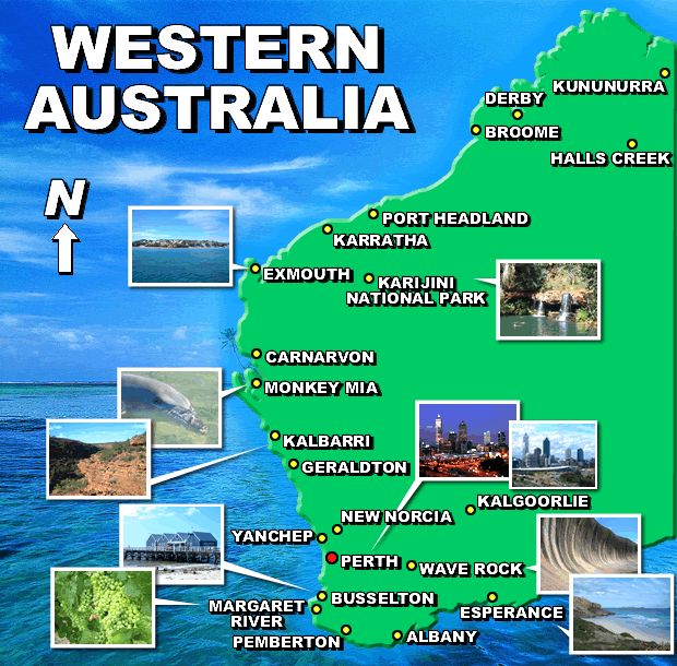 the western australia map is shown in green and has many different places to see it