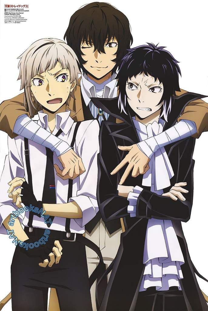 three anime characters are posing together for a picture with their arms around each other and looking at the camera