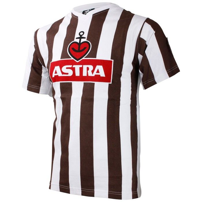 a brown and white striped shirt with the word astra on it's chest