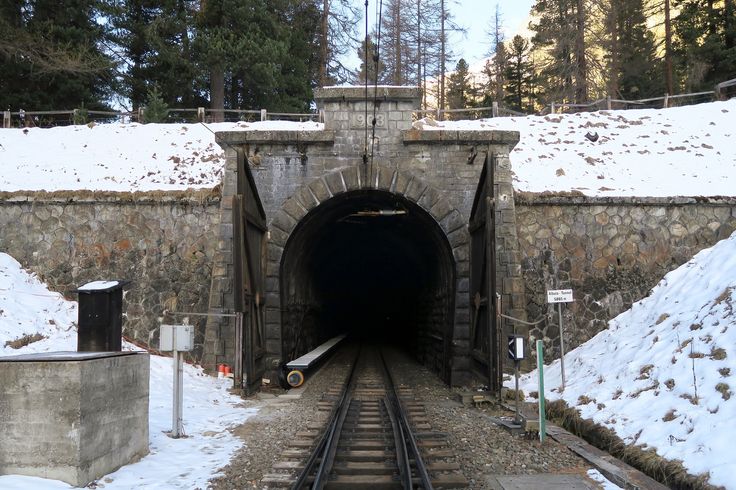 there is a train coming out of the tunnel on the tracks in the snowy woods