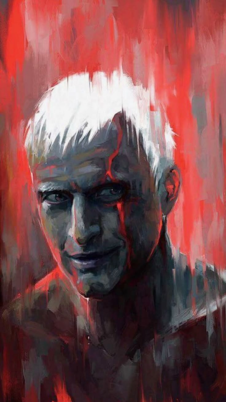 a painting of an older man with white hair and red paint splattered on his face