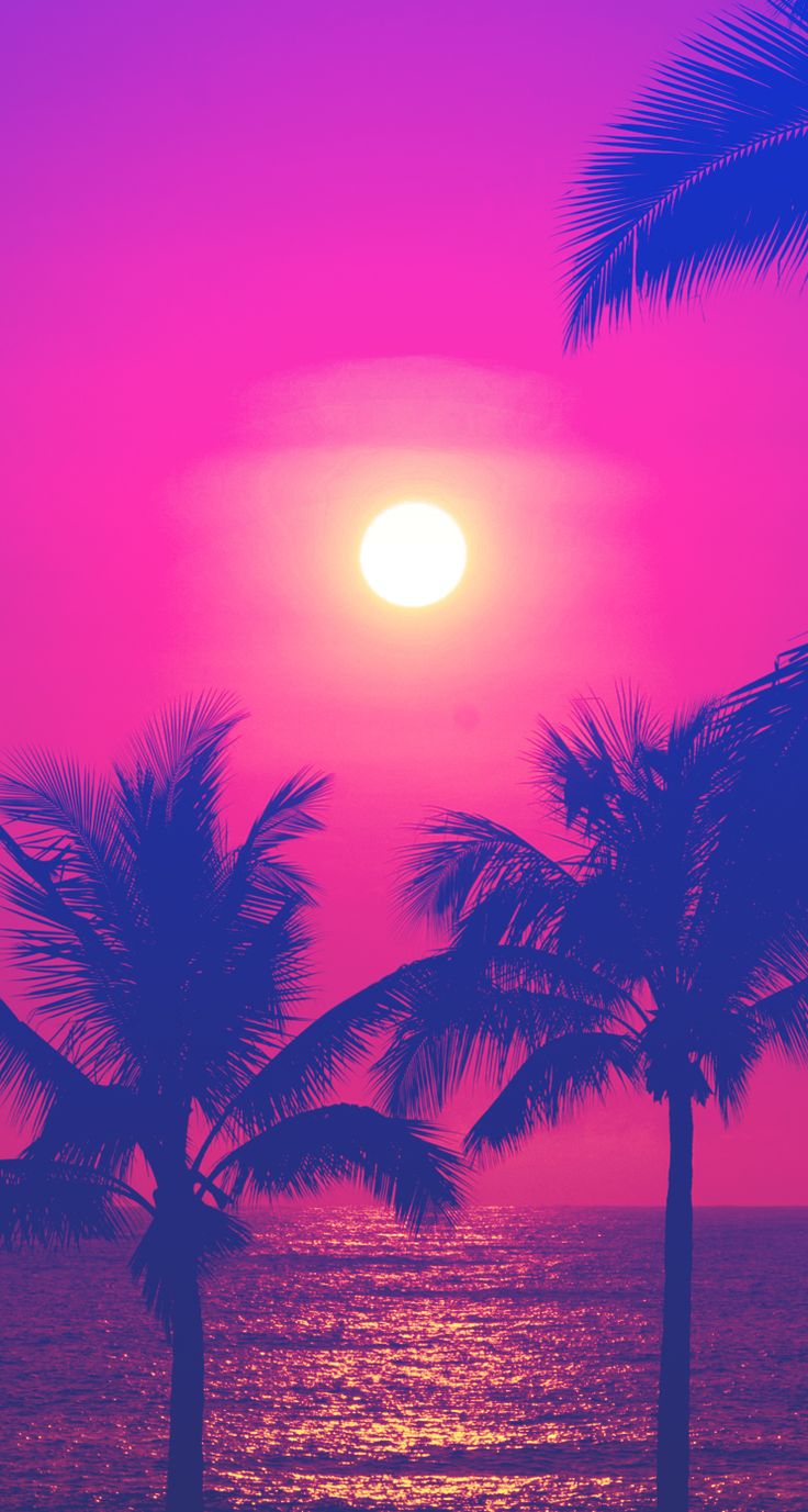 the sun is setting over the ocean with palm trees in foreground and pink sky